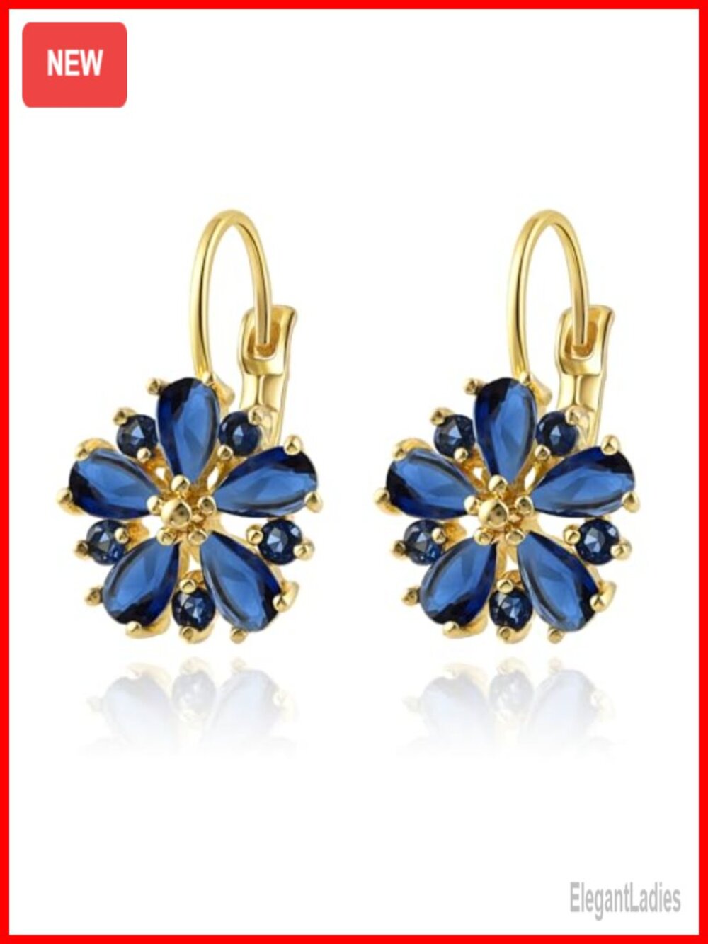 14K Gold Plated Sapphire Flower Leverback Earrings